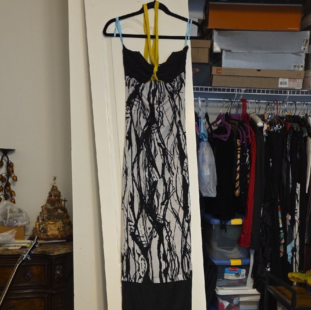 Marciano Black and White Maxi Dress with Yellow Accents